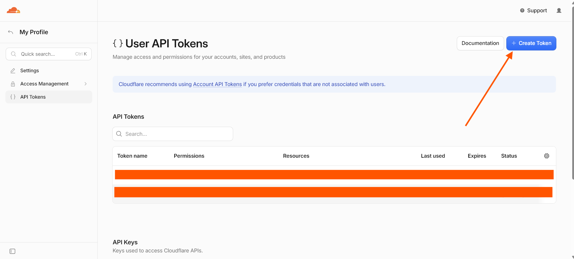 API Tokens page